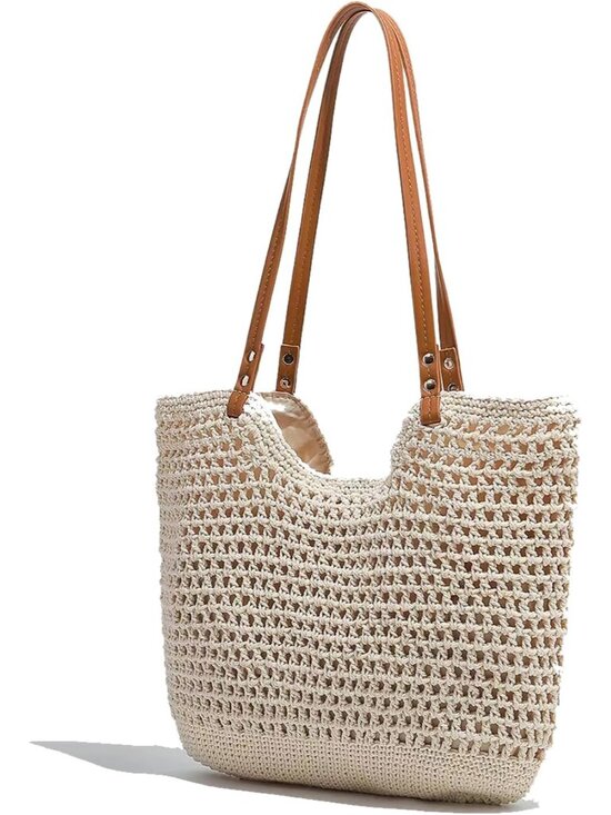 Handbags - Cotton Fibre Crochet Beach Tote Bag for Vacation,Bohemian Cotton Hobo Shoulder B